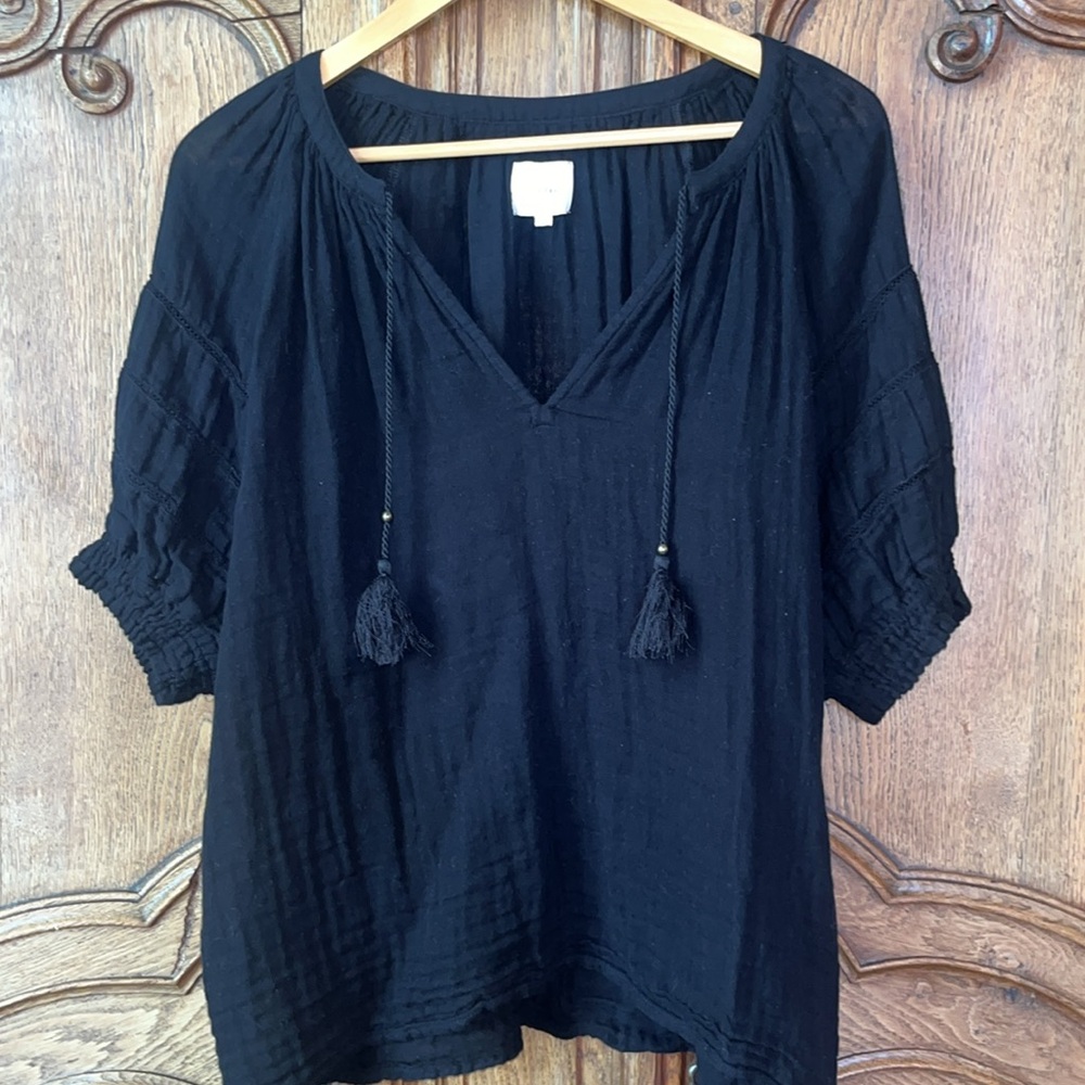 Sundays Colette Eyelet Puff Sleeve Blouse Top Womens 3 Black Cotton Tasseled - Picture 4 of 16